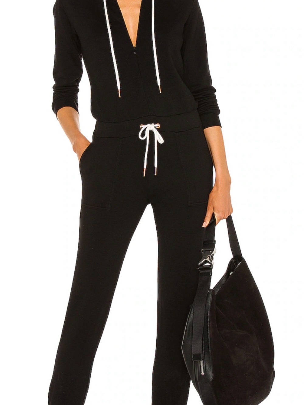 Monrow Black Women's Jogger Jumpsuit with White Drawstring